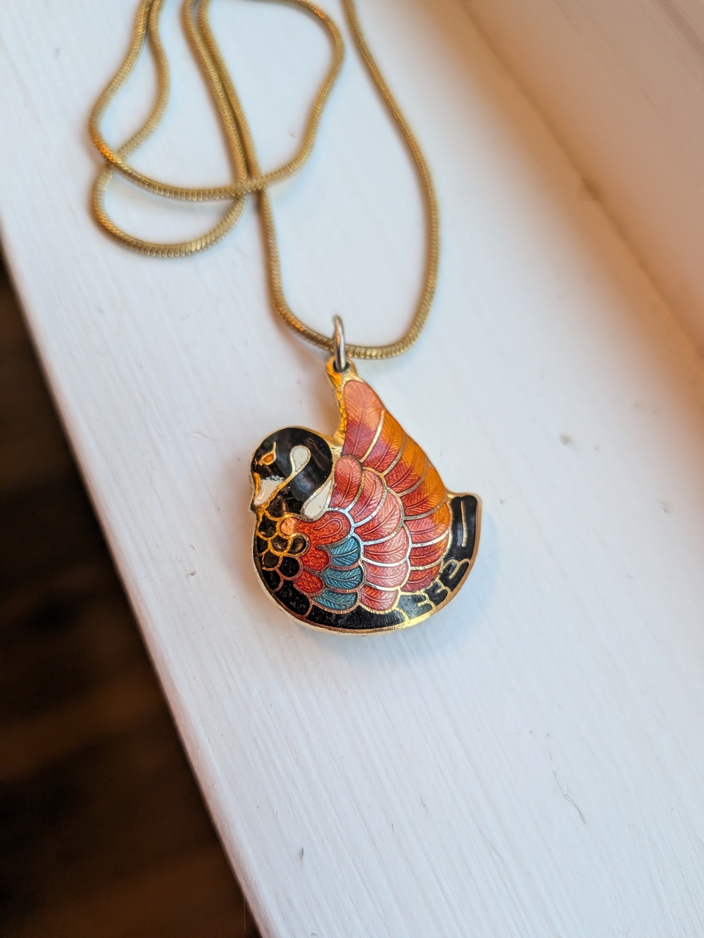 Gold-Tone Multicolor Swan Cloisonné Pendant Necklace